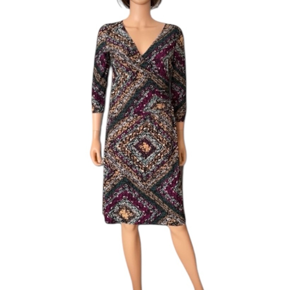 Vintage Evan Picone Geometric Print Jersey Dress V-Neck Knee Length 3/4 Sleeve